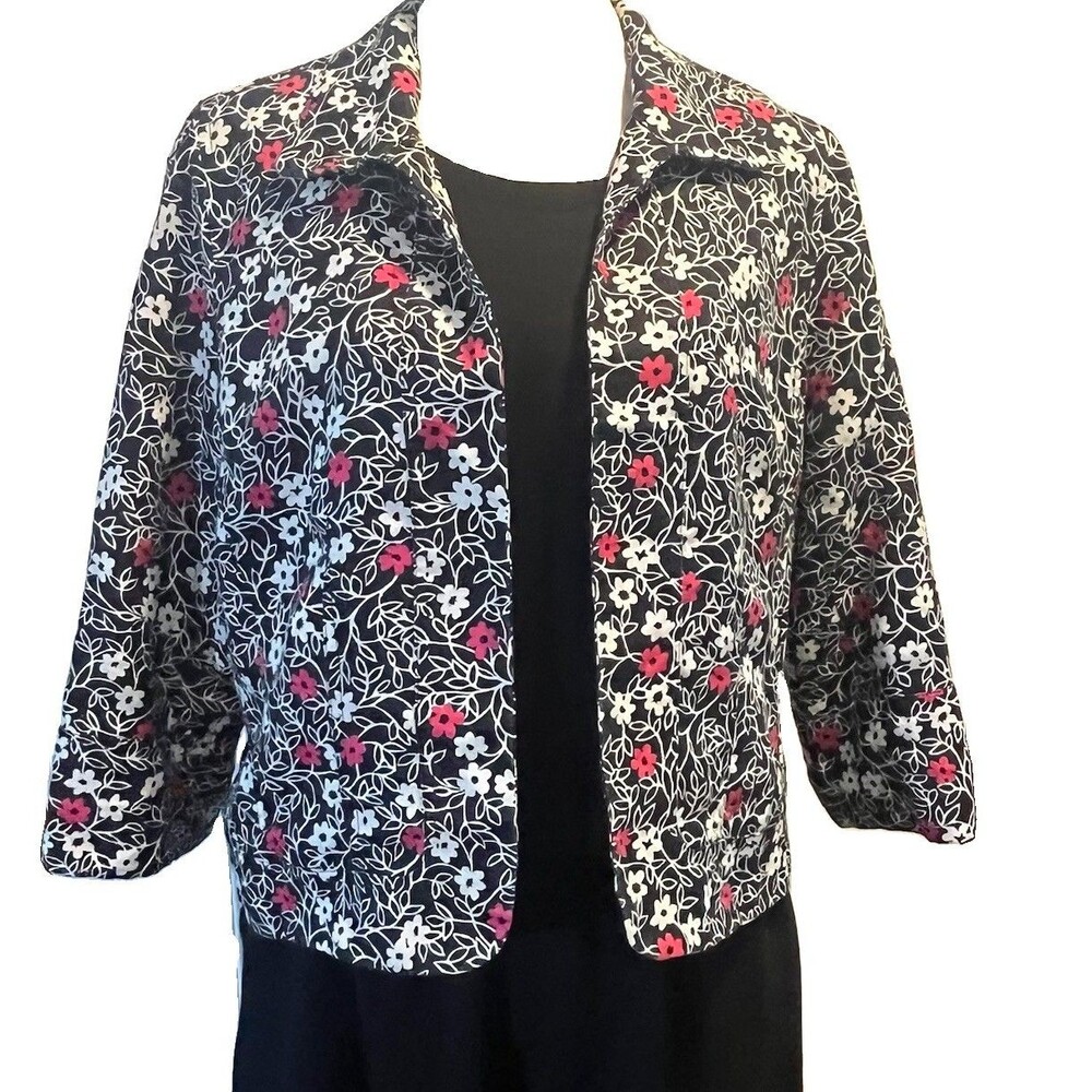 Kim Rogers Womens Petite Linen Jacket Floral Blk/White/Pink 3/4 Sleeve Lined 14P